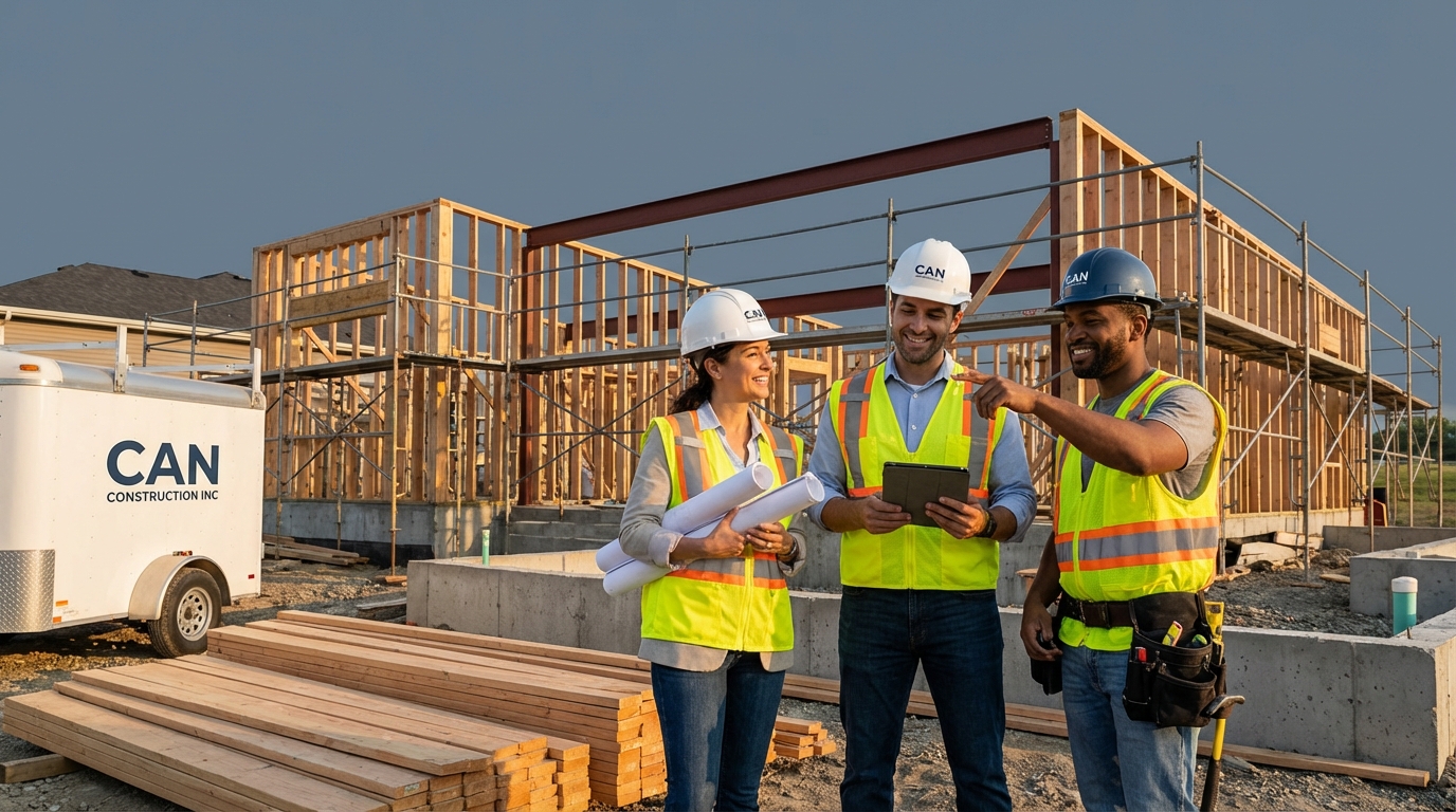 Professional construction team discussing blueprints