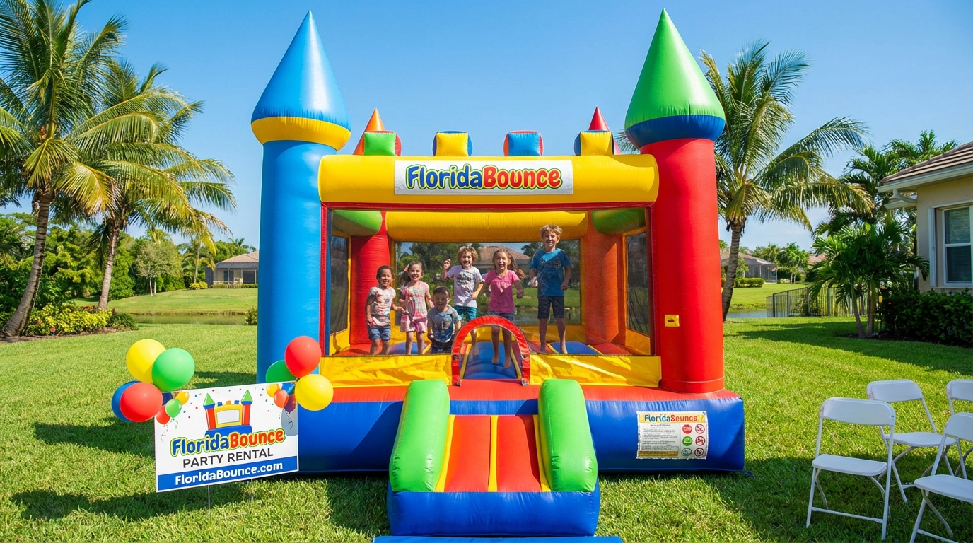 Kids jumping in a colorful bounce house