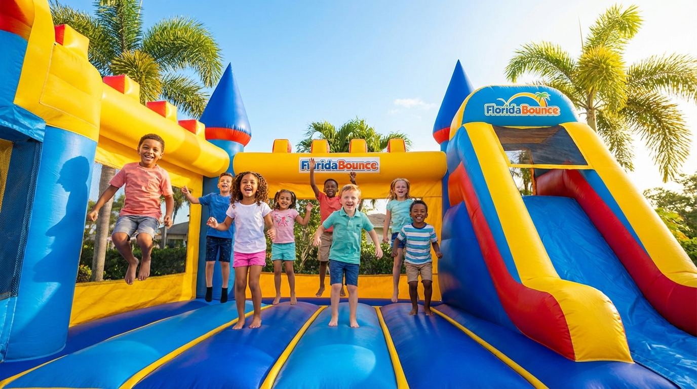 Happy kids jumping in a colorful bounce house
