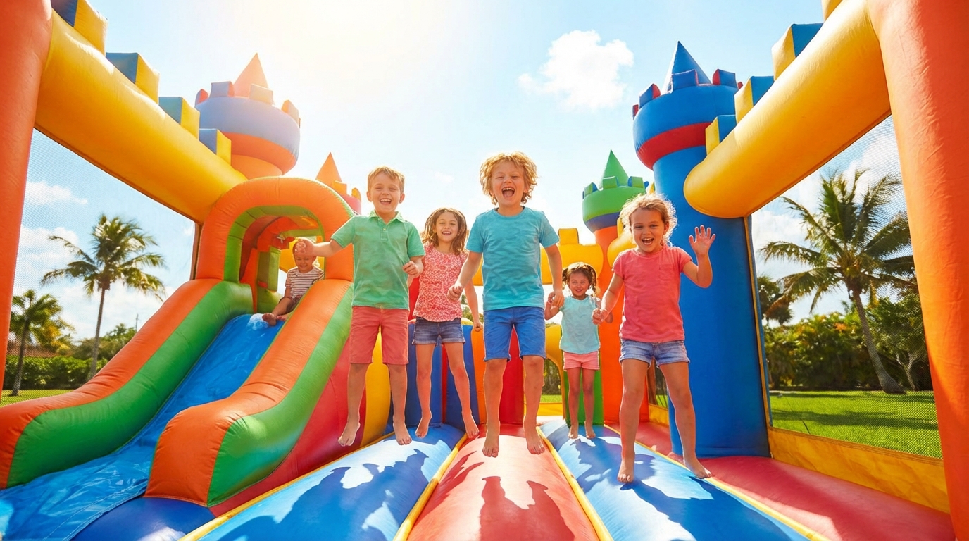 Happy kids jumping in a colorful bounce house