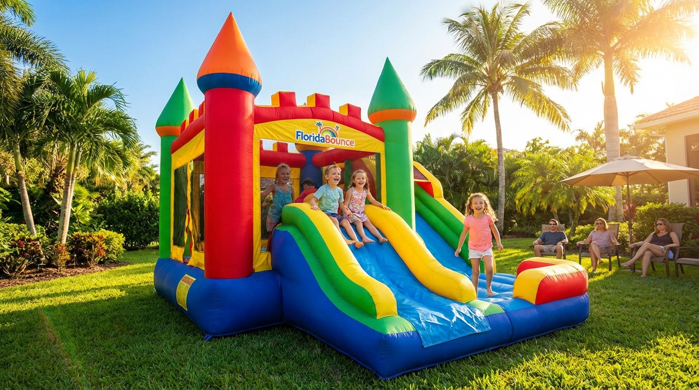 Happy kids jumping in a FloridaBounce inflatable house