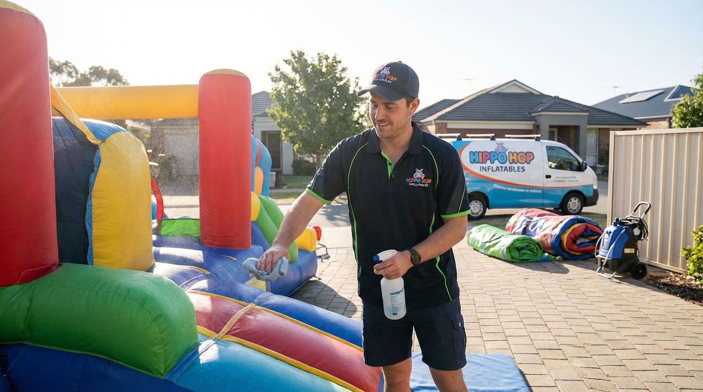 Hippo Hop Inflatables team member cleaning an inflatable