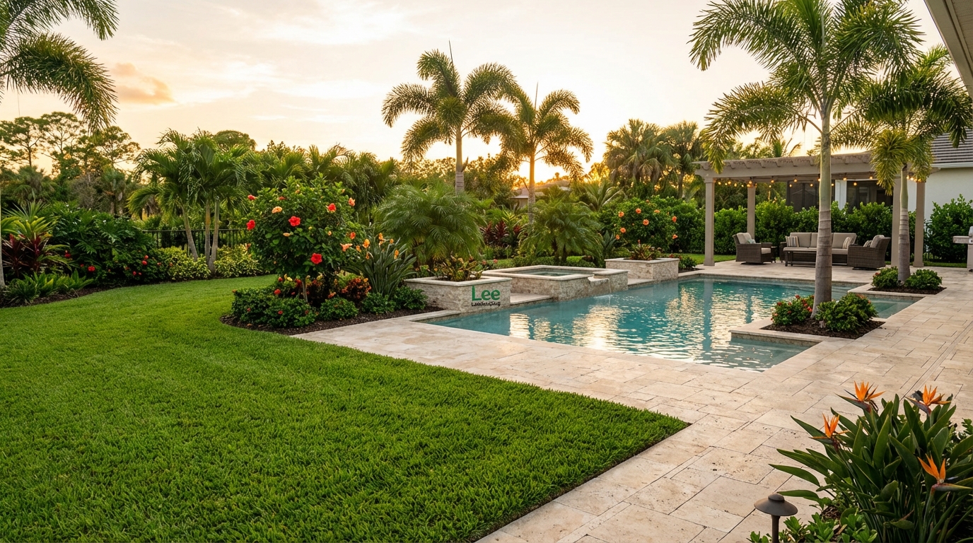 A luxurious and modern SWFL backyard oasis at sunset, designed by Lee Landscaping