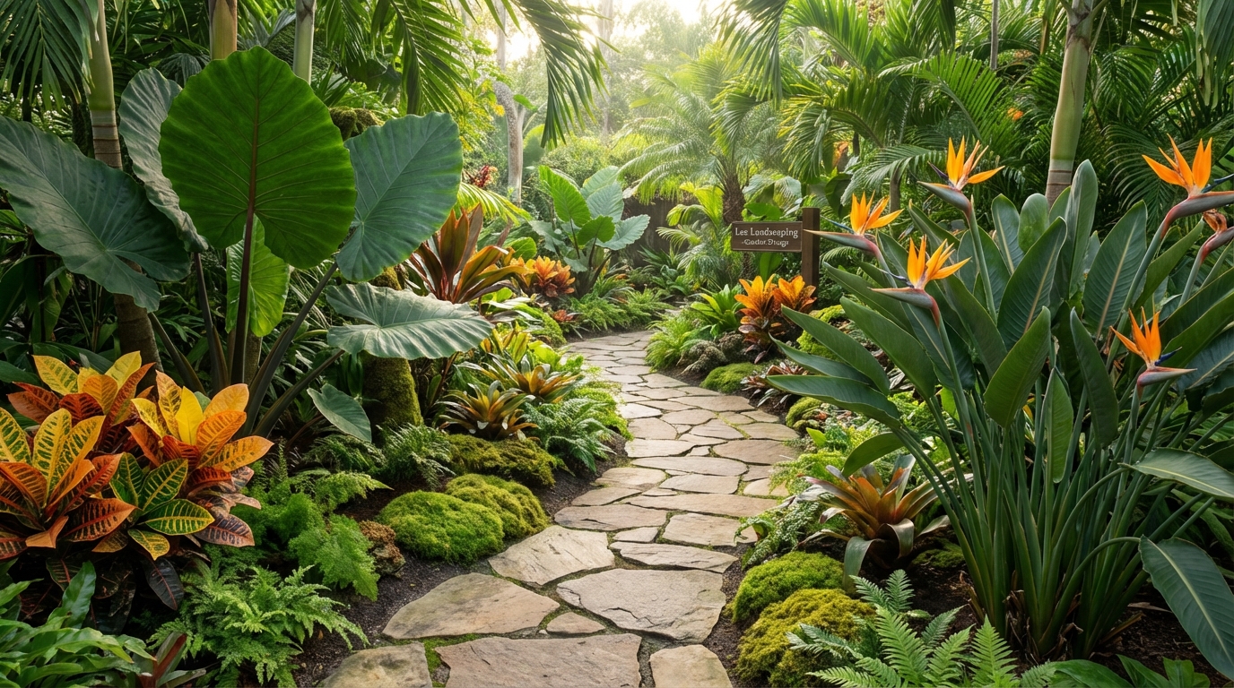 Lush garden path with tropical plants