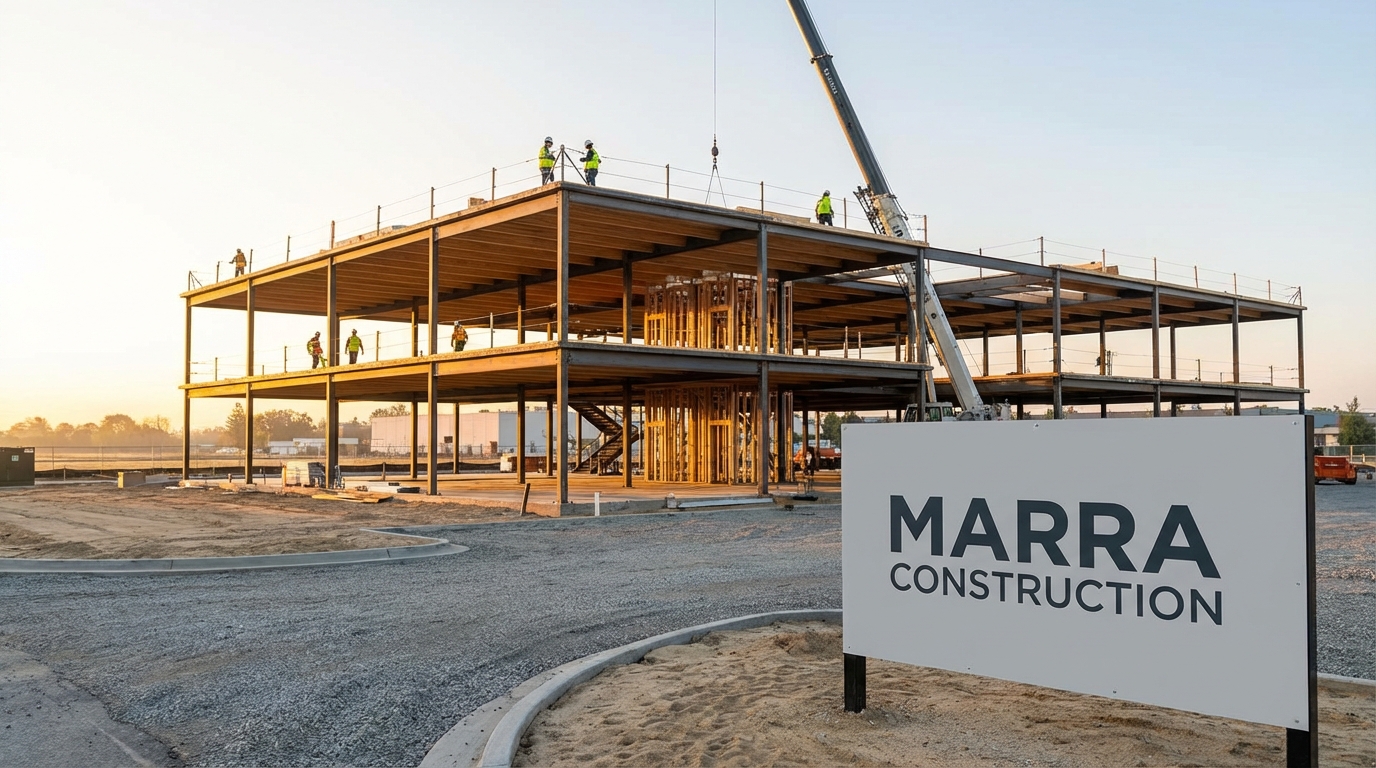 Modern new construction site with Marra Construction branding, workers in hard hats, blue skies, and visible progress on a building frame.
