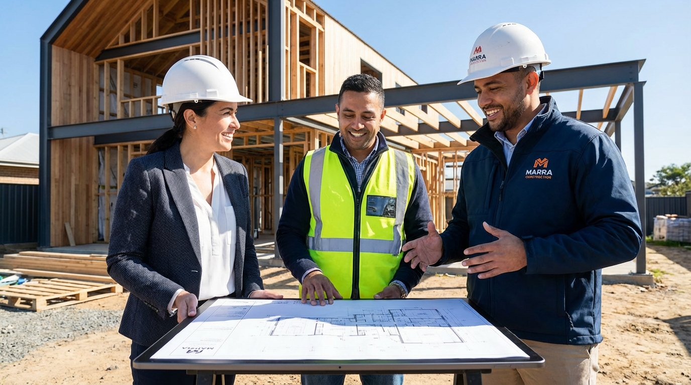 Professional Marra Construction team reviewing blueprints on a pristine construction site.