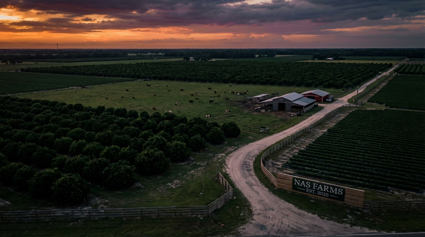 Expansive moody farmland landscape at twilight