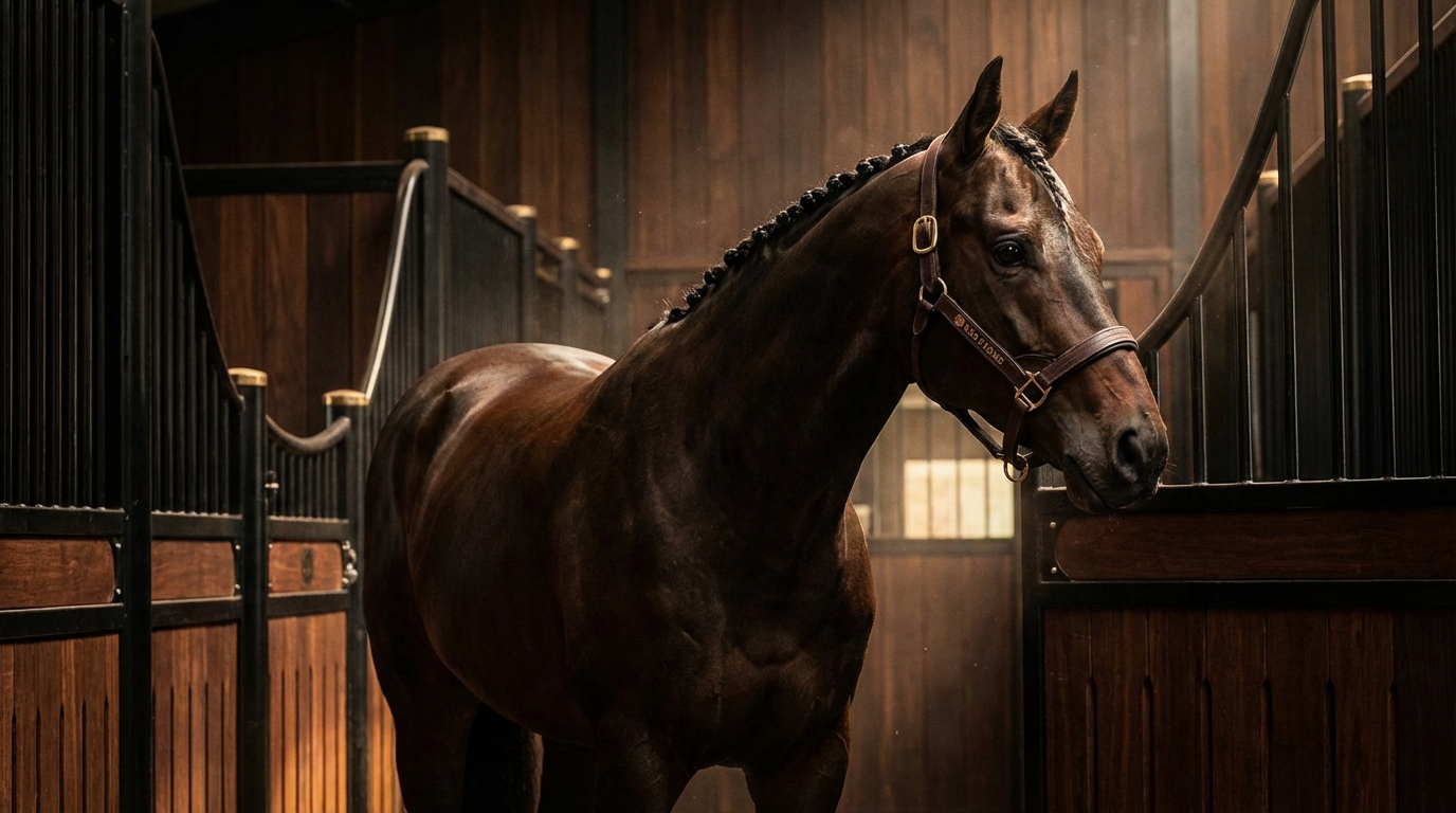 Close up of a horse in a dark stable setting