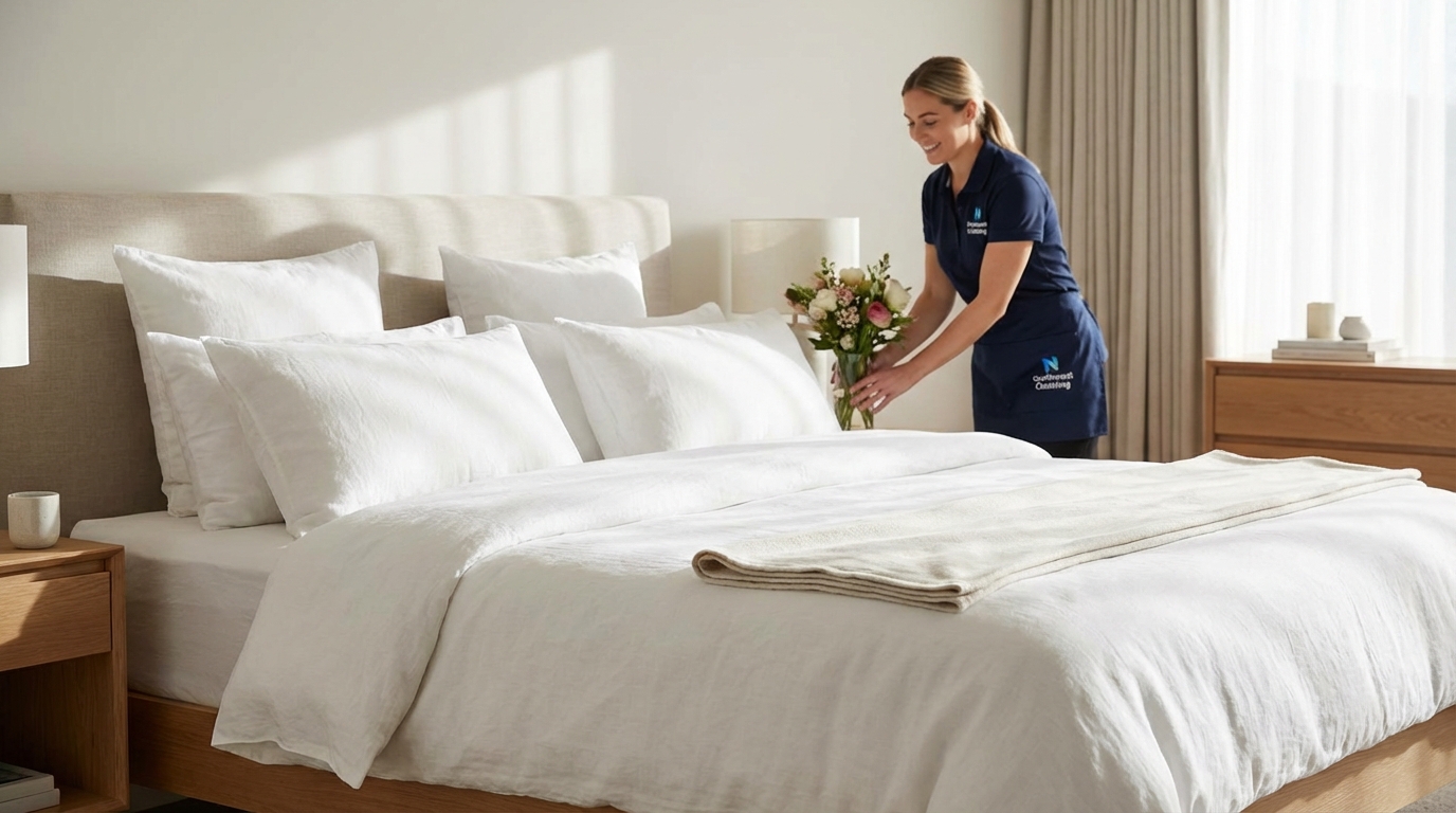 Neatly made bed in a serene bedroom.