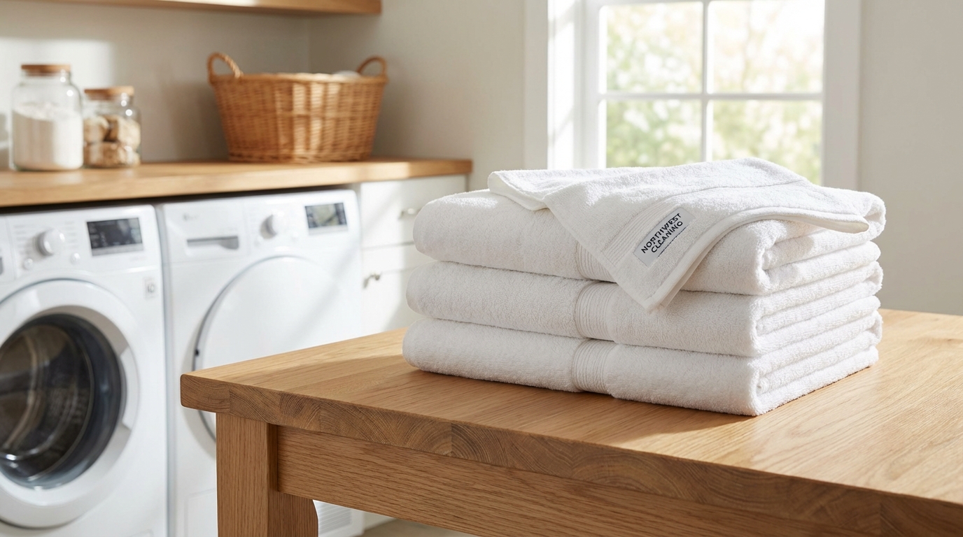 Stack of perfectly folded, crisp white towels.