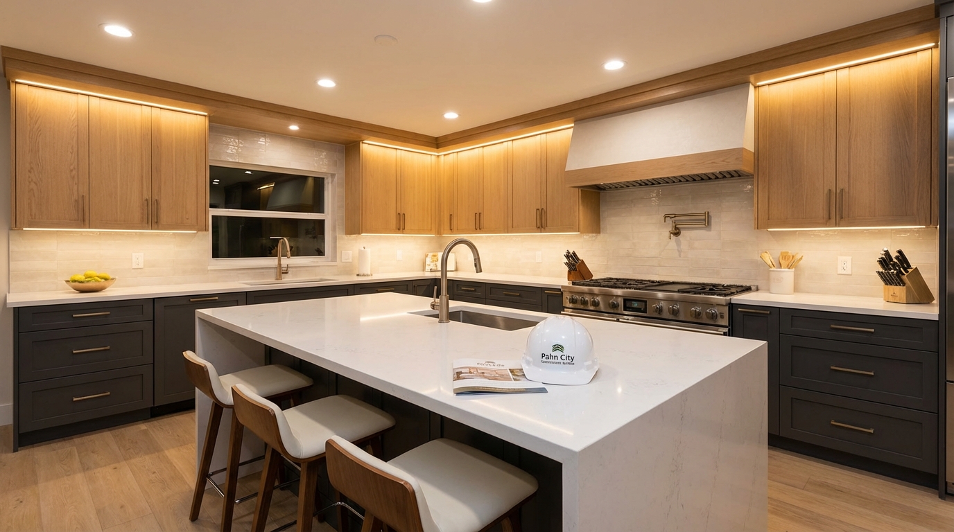 Luxurious, modern kitchen remodel with a large island and new cabinets, bathed in natural light, showcasing a high-quality finished project by Palm City Construction & More
