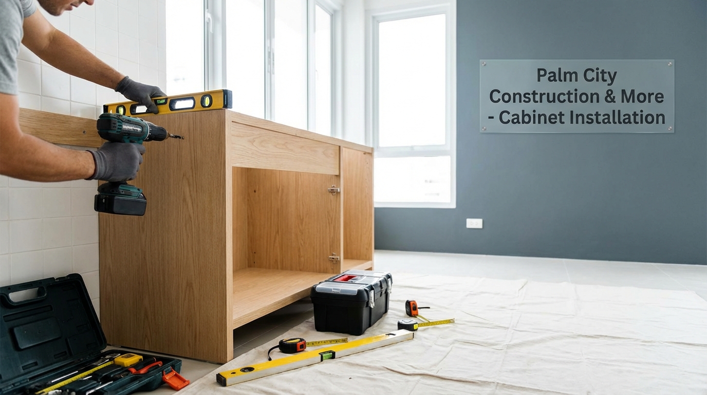 Expert cabinet installation in progress, showing precise alignment and modern cabinetry