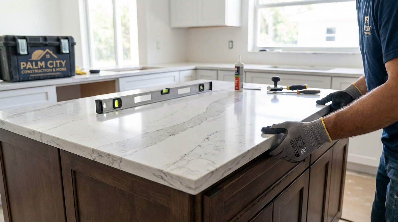 Sleek new quartz countertop being installed in a kitchen, professional and clean process