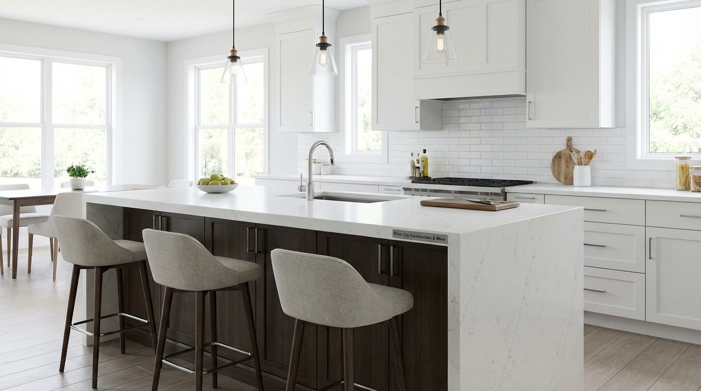 Stunning kitchen island with a waterfall countertop and integrated seating, focal point of a modern kitchen