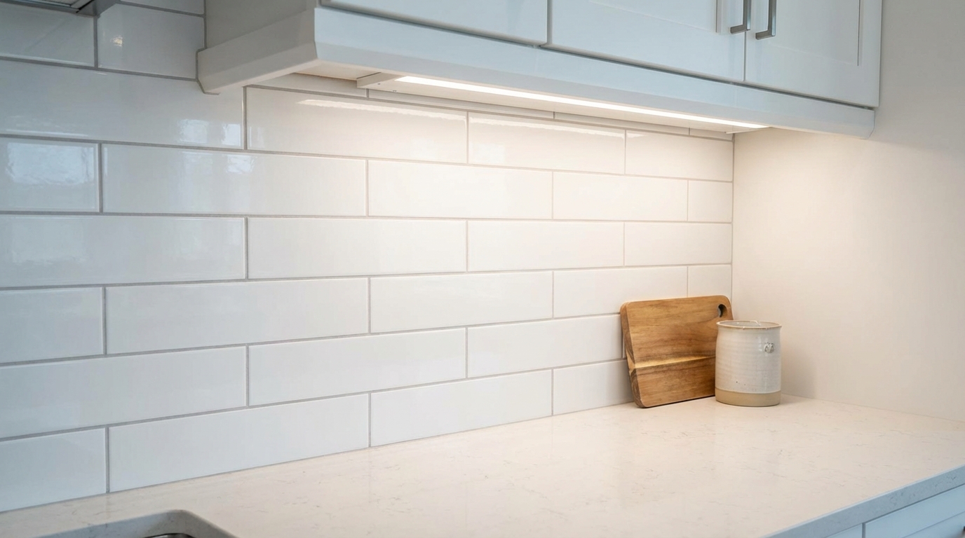 Stylish subway tile backsplash in a bright, clean kitchen, adding texture and protection