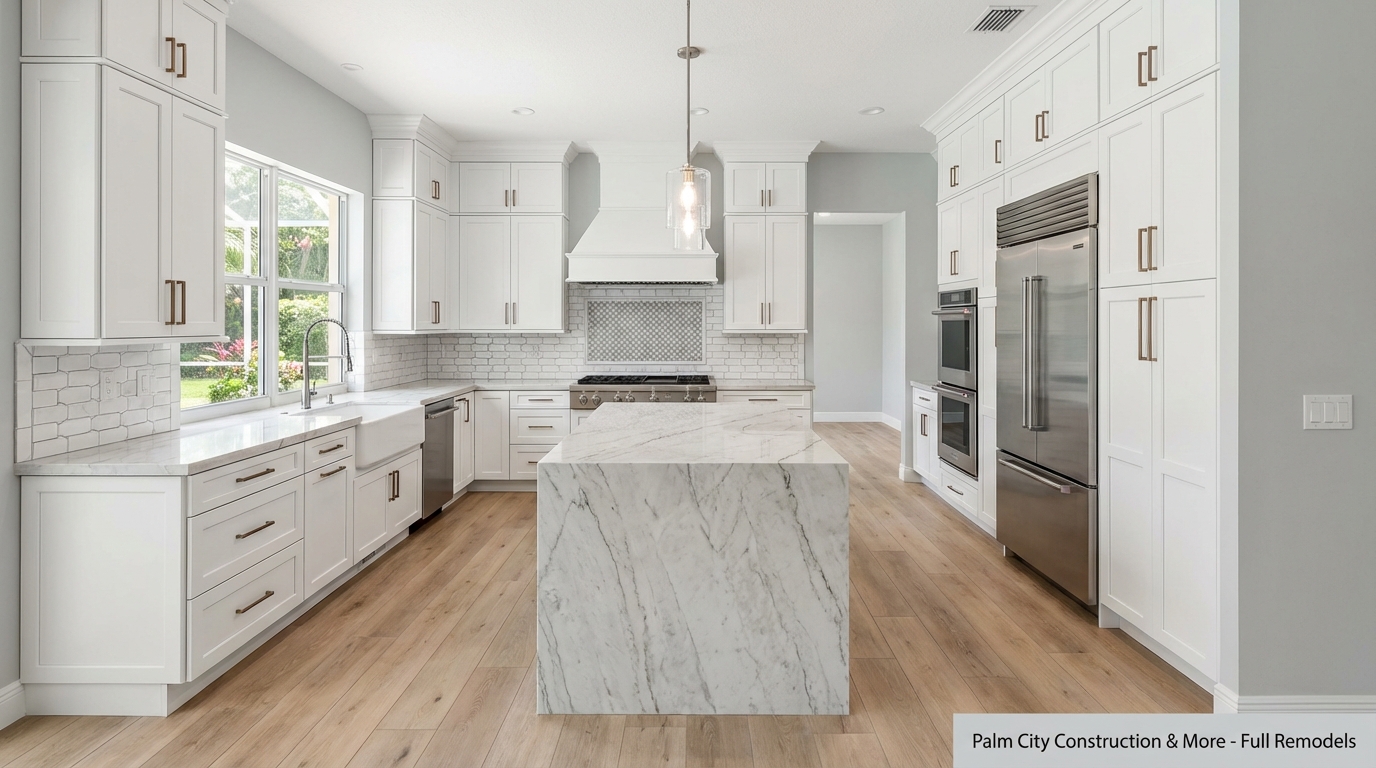 A complete, professionally remodeled modern kitchen, showing seamless integration of all elements