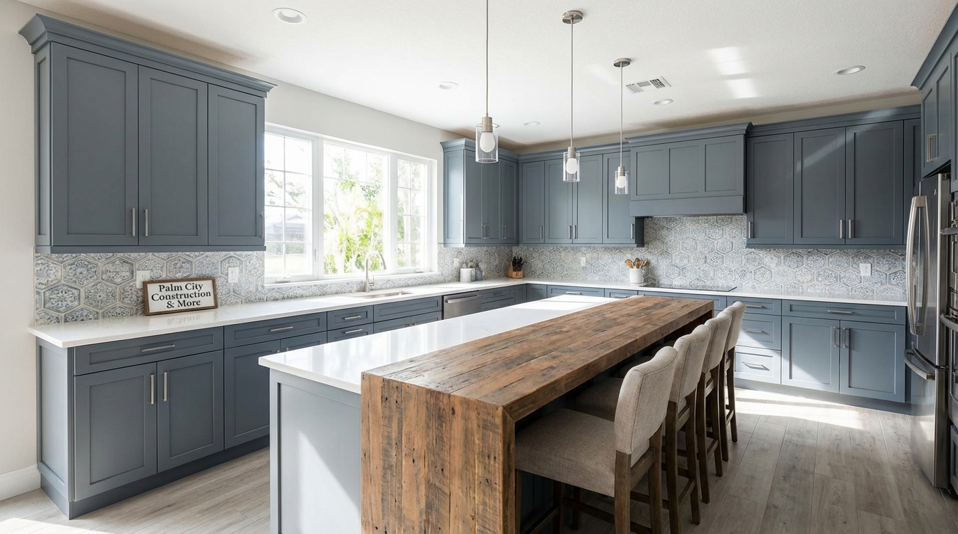 Beautiful modern kitchen interior with new cabinets, countertops, and a large island, bright and inviting.
