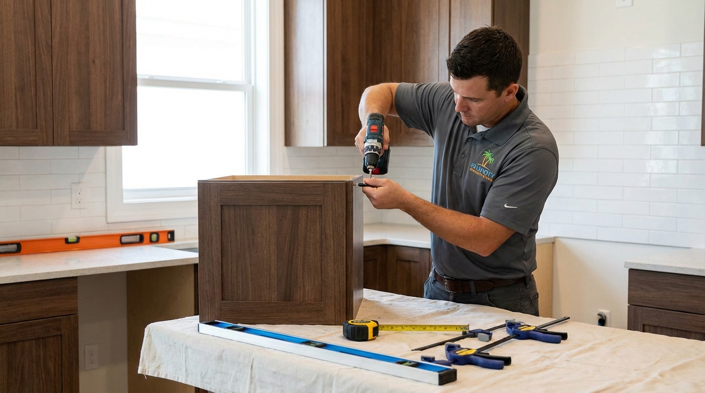 Kitchen cabinet installation in progress, showing a skilled remodeler securing an upper cabinet to the wall.