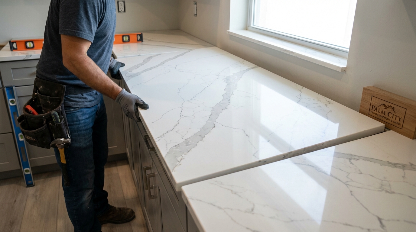 Luxurious granite countertop being installed in a kitchen, showing the precise cut and smooth finish.