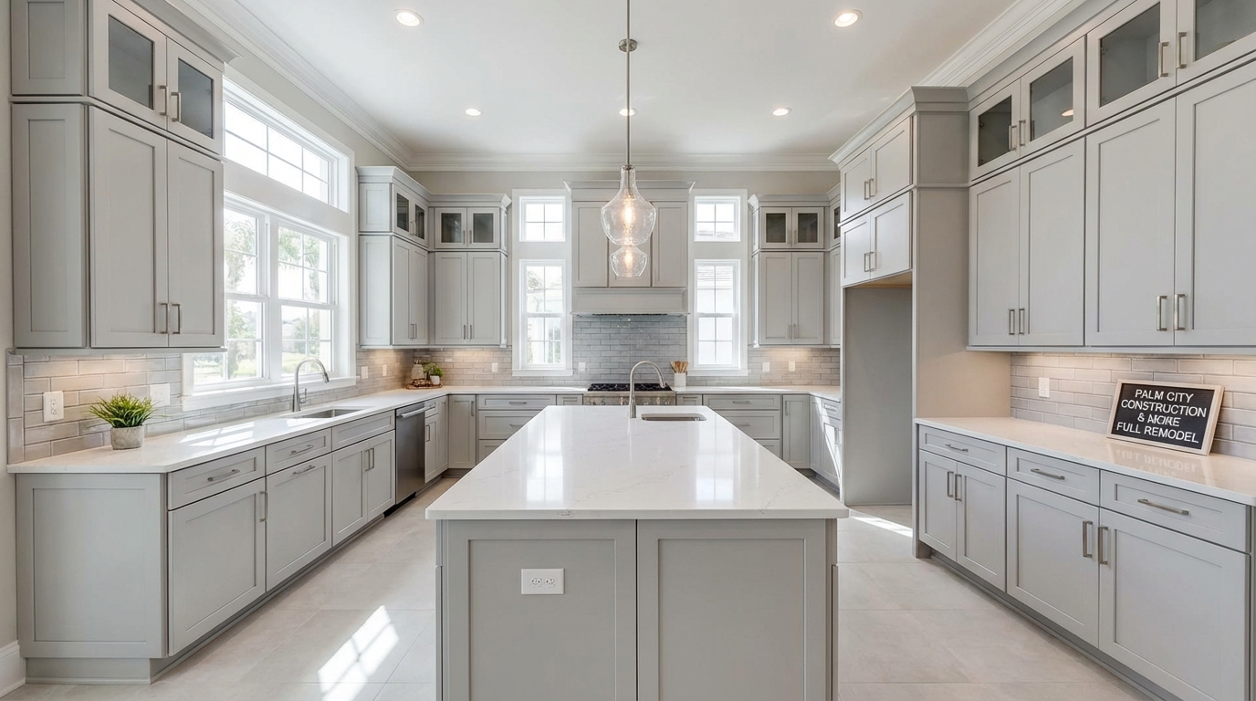 Before and after comparison of a full kitchen remodel, showing a dramatic transformation from old to new.