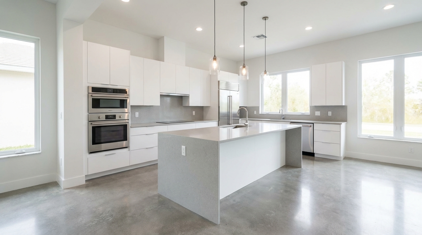 Stunning modern kitchen with white cabinetry, stainless steel appliances, and a large central island.