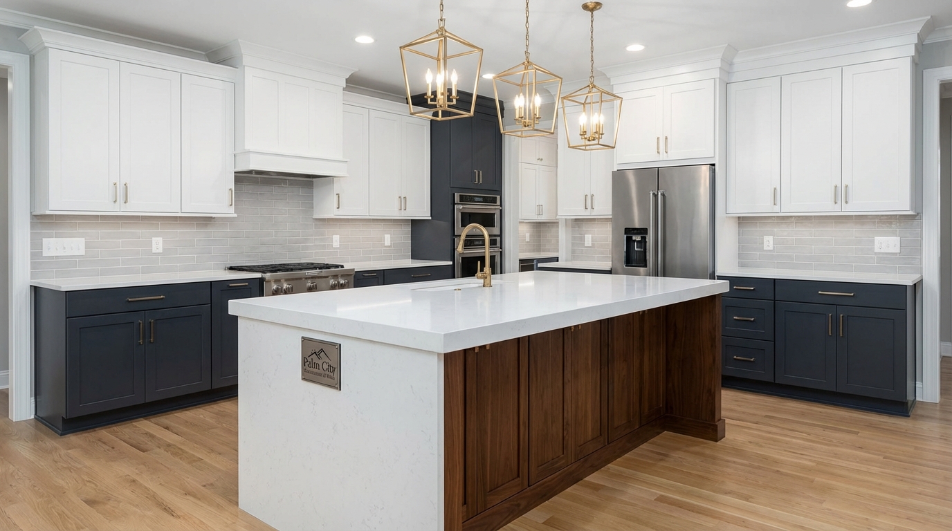 Transitional kitchen with two-tone cabinets, a large island, and modern pendant lights.