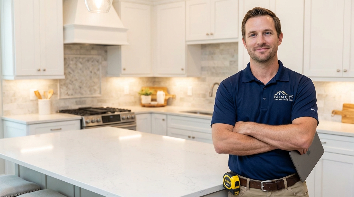 Professional kitchen remodeler smiling while reviewing blueprints with a happy homeowner in a newly renovated kitchen.