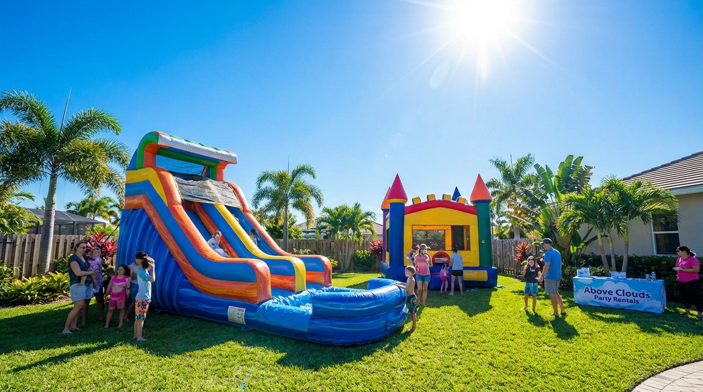 Happy kids jumping in a bounce house