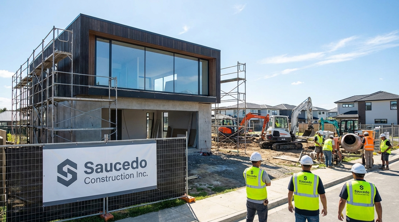 Modern new home construction site with Saucedo Construction Inc. branding