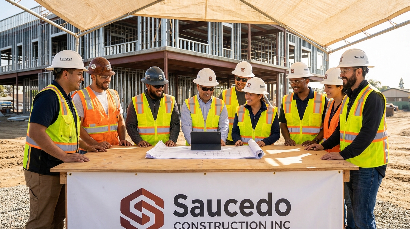 Saucedo Construction Inc. team members reviewing plans on a modern construction site