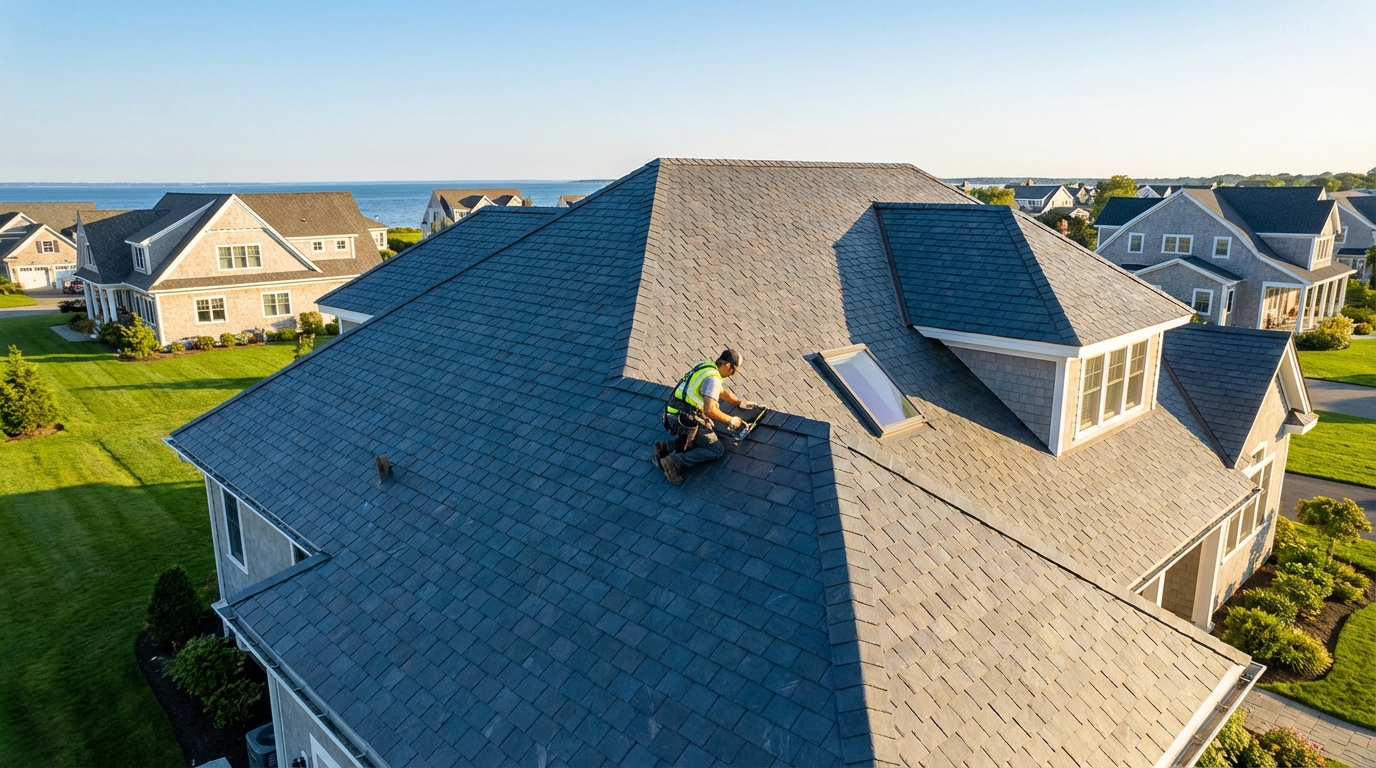 Professional Smart Coast Construction LLC roofing technician on a modern, newly installed shingle roof, ensuring quality. Clear, sunny day with bright light.