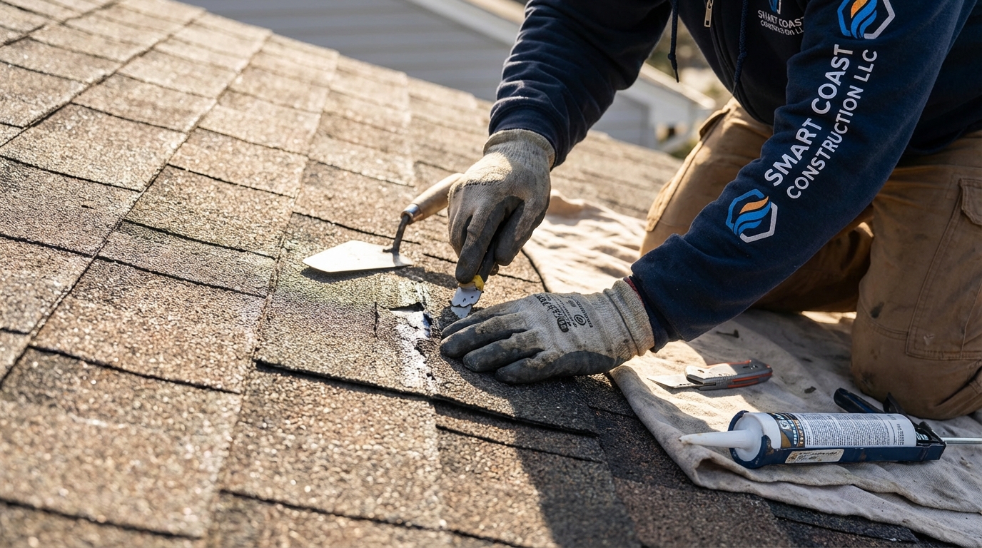 Roof repair specialist from Smart Coast Construction LLC patching a shingle roof with precision.