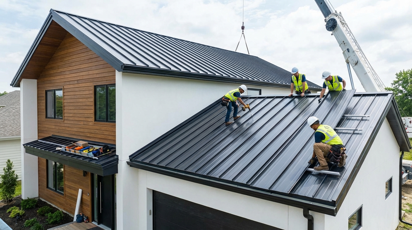 Smart Coast Construction LLC team installing a brand new metal roof on a modern home.