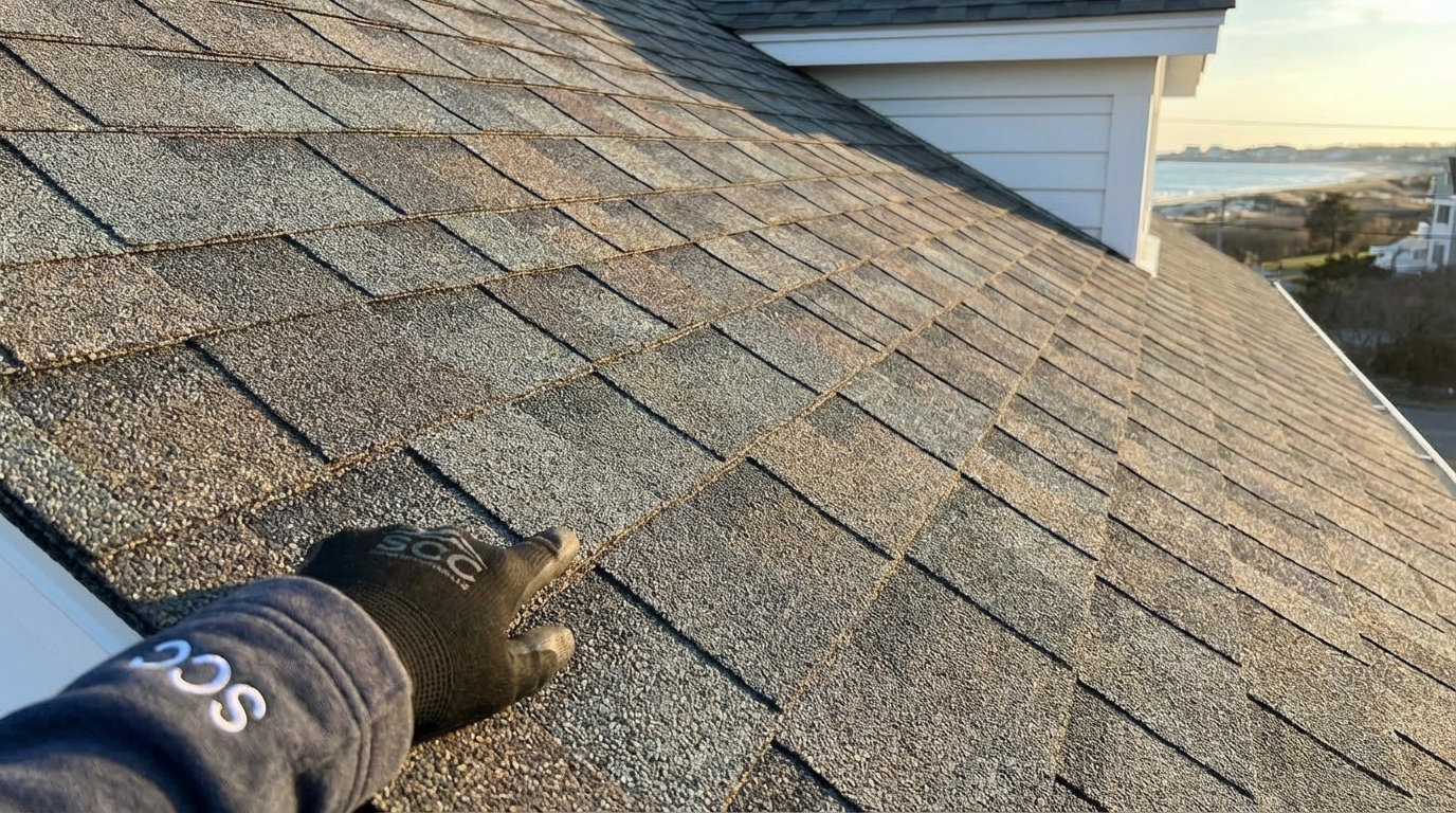Close-up of high-quality architectural shingles expertly installed by Smart Coast Construction LLC.
