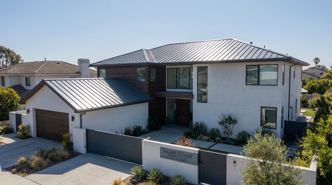 Sleek, dark grey standing seam metal roof on a modern home, installed by Smart Coast Construction LLC.