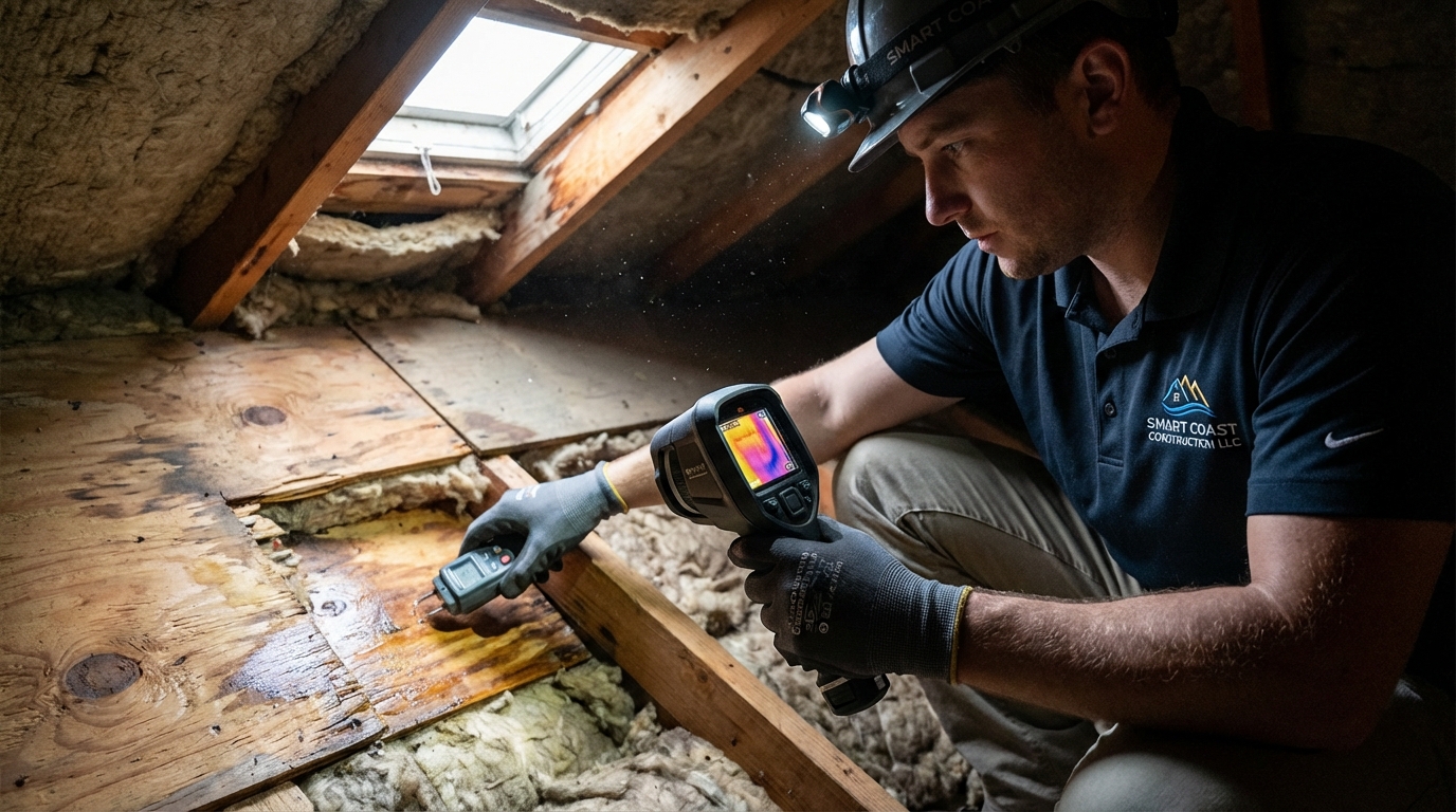 Smart Coast Construction LLC technician using advanced thermal imaging to detect a hidden roof leak.