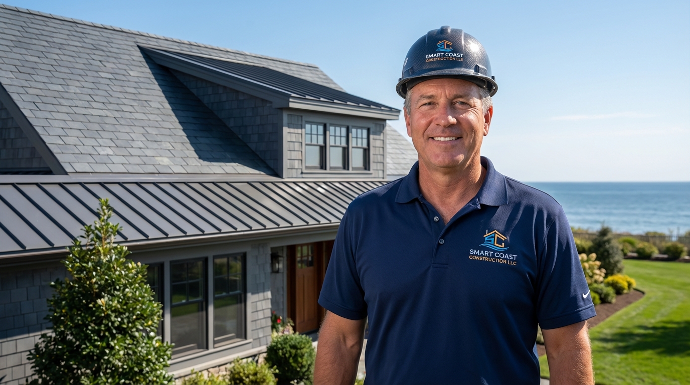 Friendly owner or lead project manager of Smart Coast Construction LLC standing in front of a newly completed roofing project.