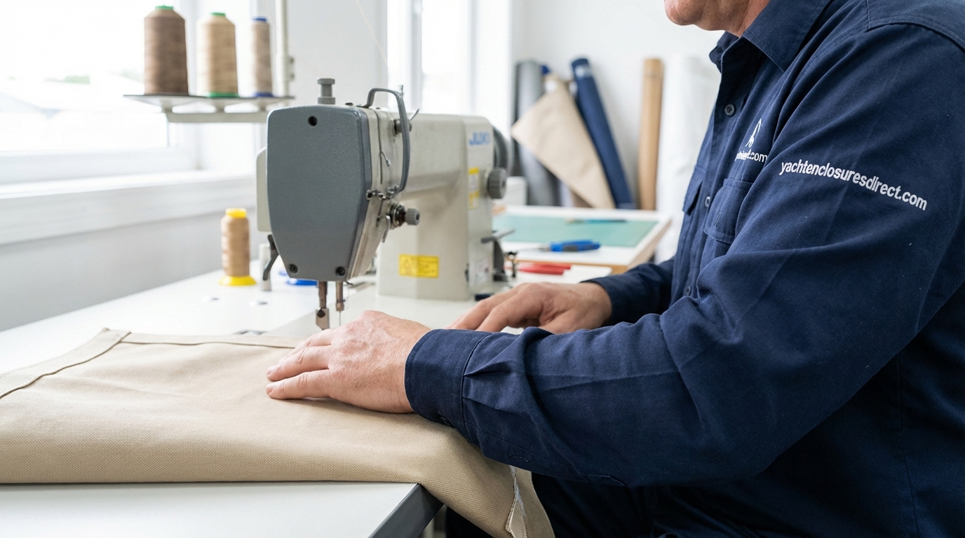Craftsman working on marine canvas